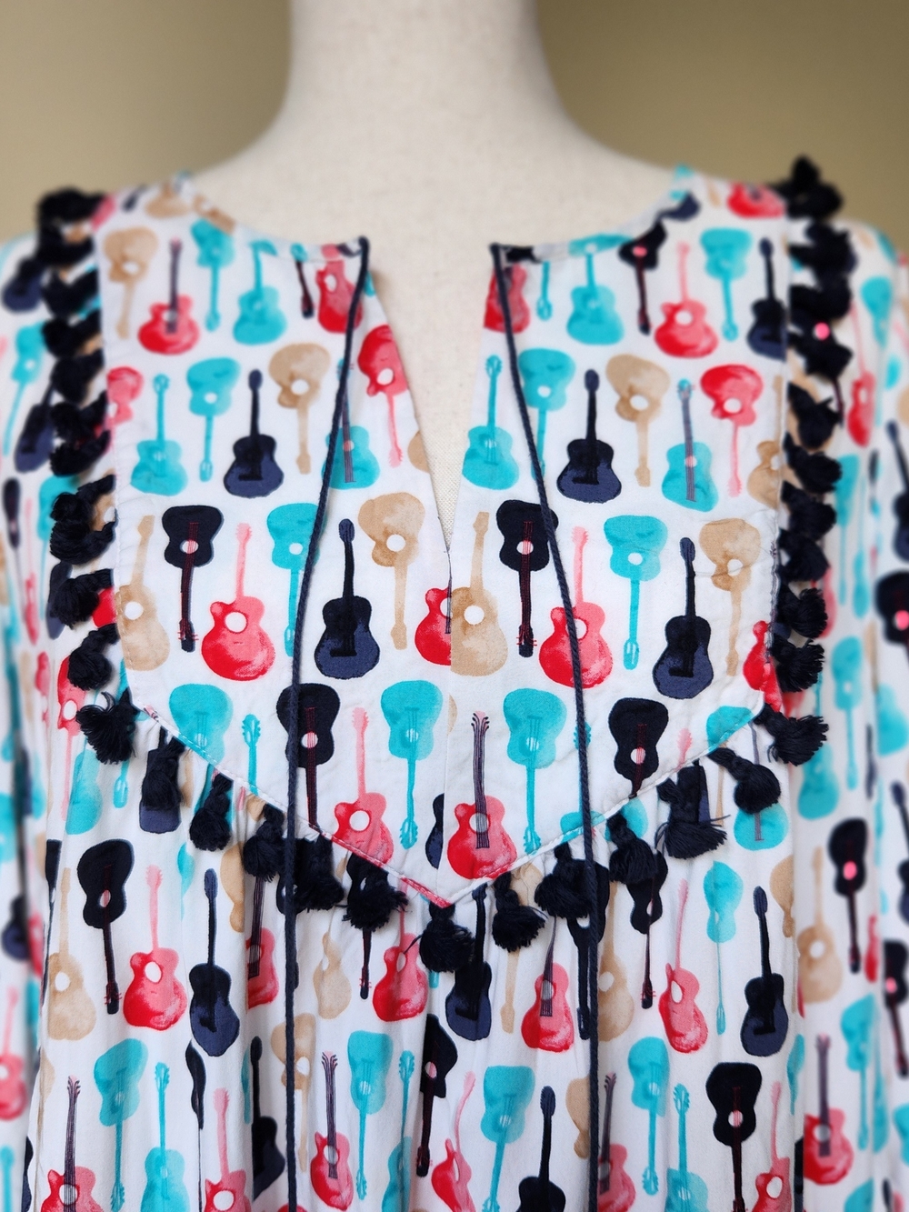 Guitar Print Tassel Pom Pom Blouse Bell Sleeve Boho Music Teacher Top Peasant L - Picture 2 of 12